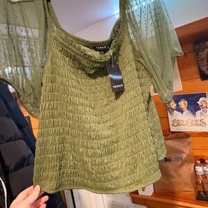 torrid Olive Green Smocked Sheer Sleeve Top